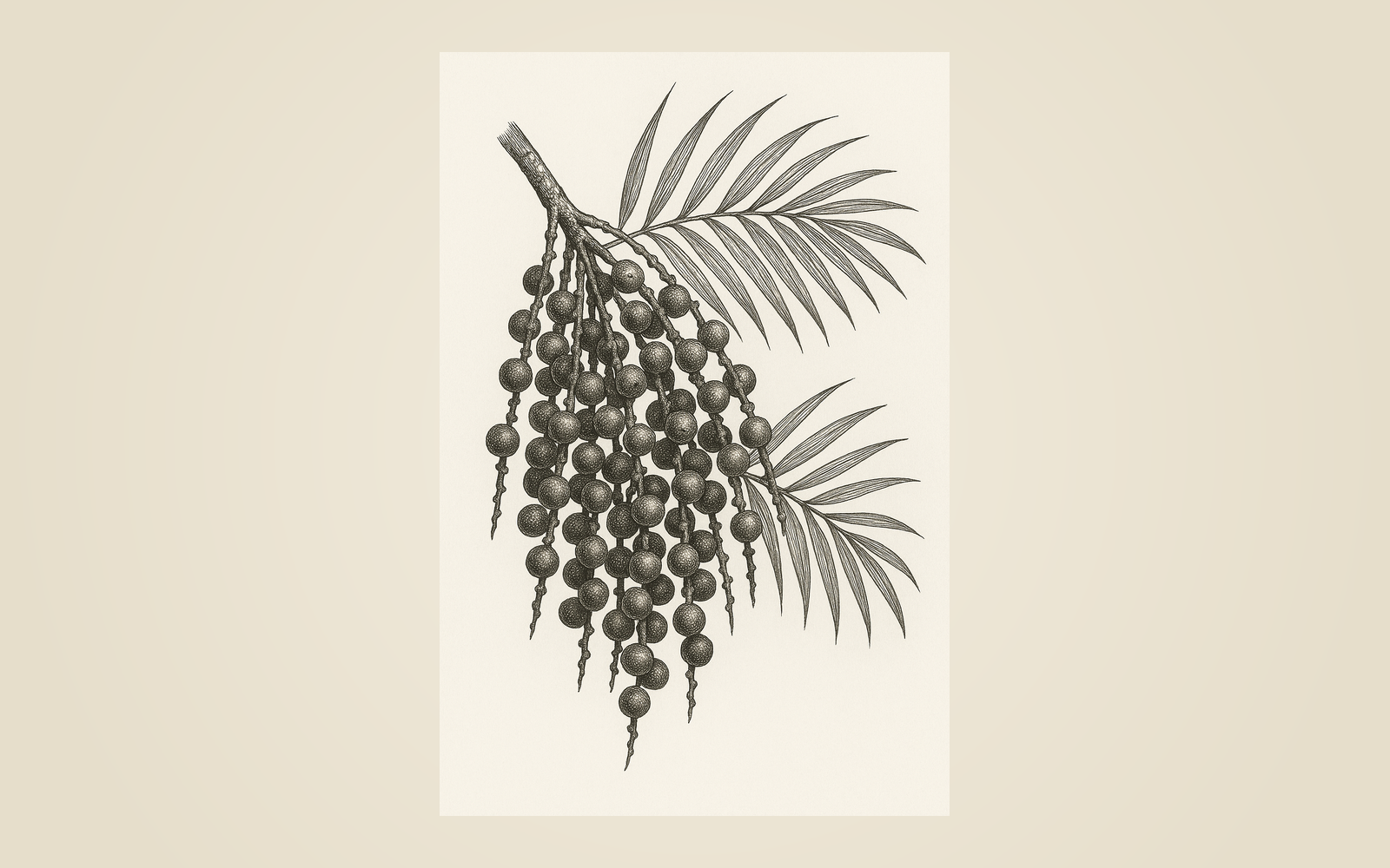 Hand-drawn botanical illustration of an açaí palm branch with berry clusters
