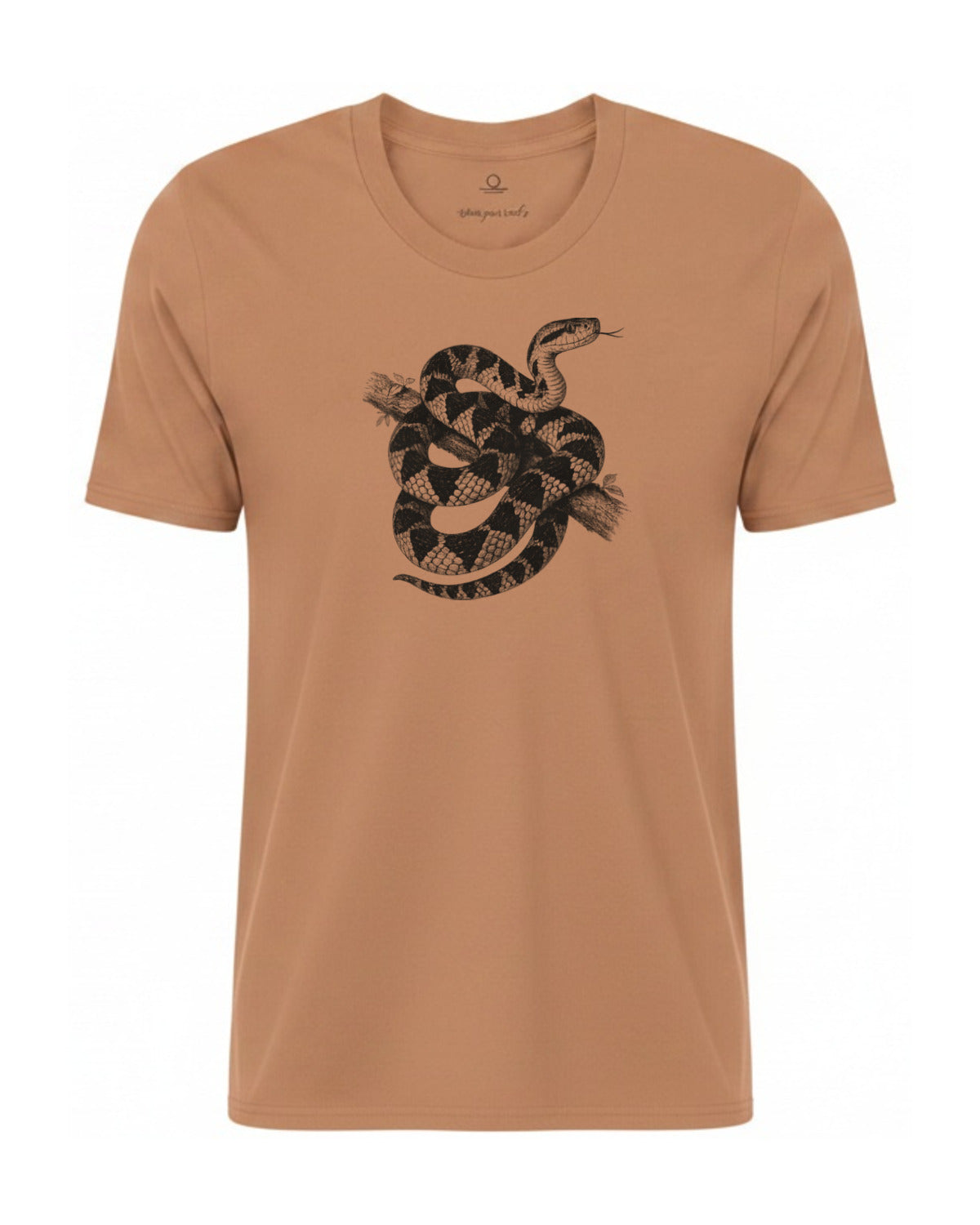 Surucucu bushmaster coiled on a branch, charcoal print on a Sandstone garment-dyed Comfort Colors tee