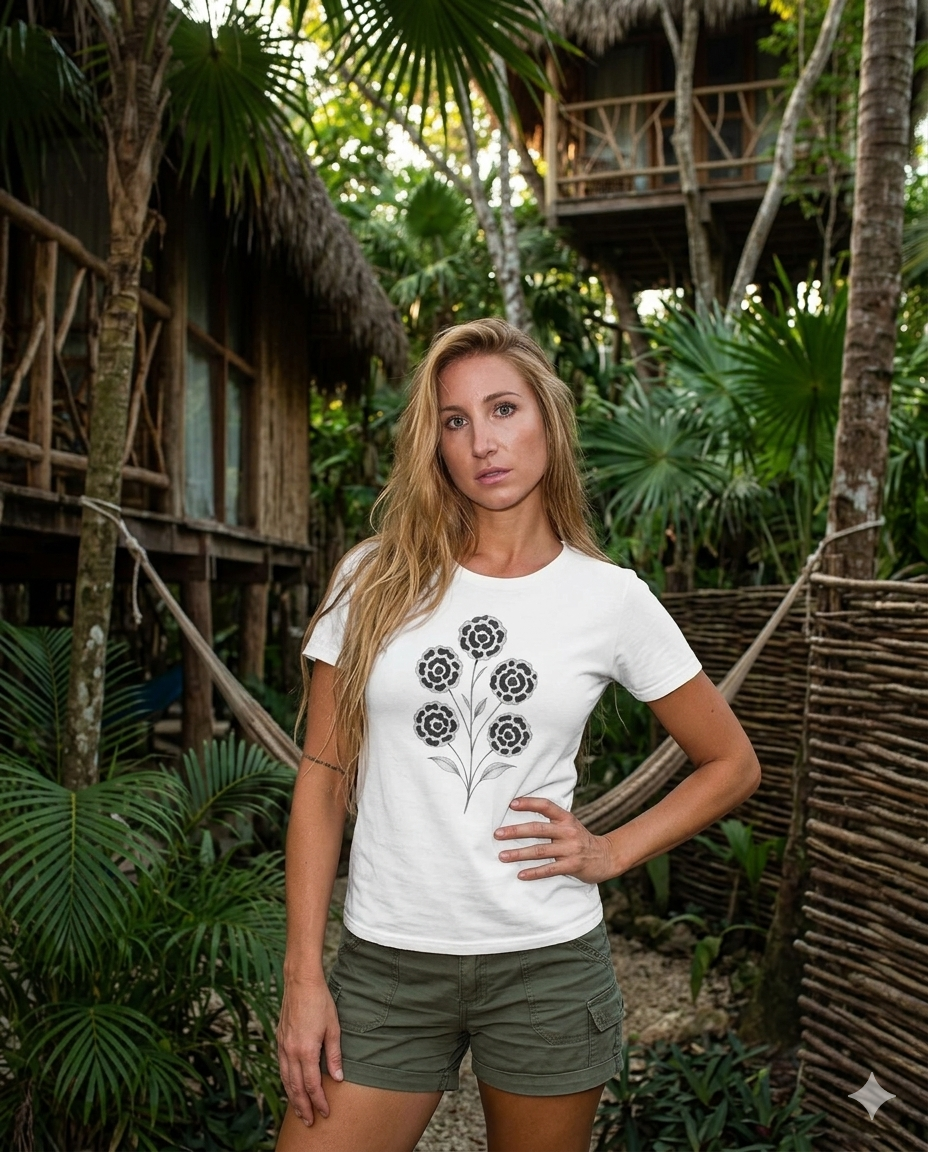 Harmonie wearing the Son of Nature Rosetas jaguar-rosette tee in white, three charcoal jaguar-rosette blooms on the chest, in a lush Kauai jungle