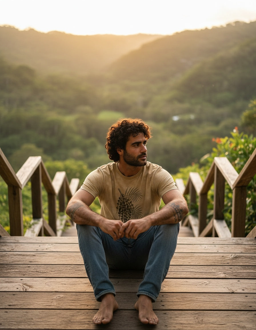 Renan wearing the Son of Nature Acai botanical tee in khaki, charcoal acai palm-and-berry engraving on the chest, on a misty mountain-ridge Kauai lanai at golden hour