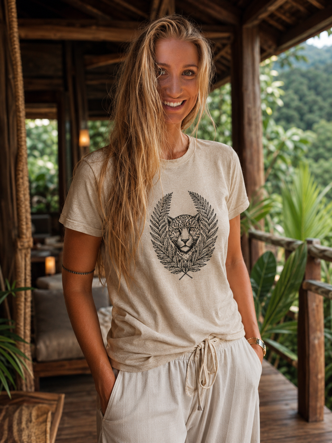Son of Nature jaguar crest, charcoal on a natural garment-dyed tee