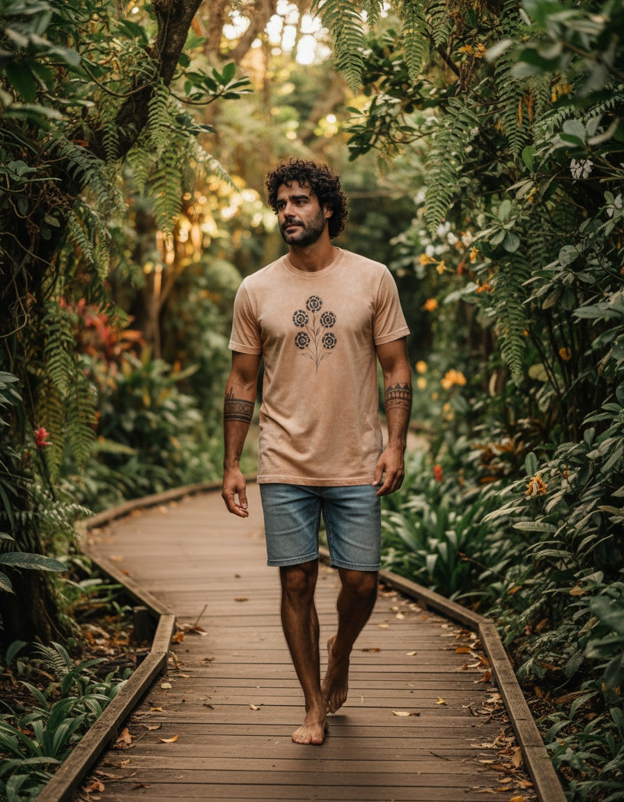 Renan wearing the Son of Nature Rosetas jaguar-rosette tee in warm clay, three charcoal jaguar-rosette blooms on the chest, on a jungle boardwalk in Kauai