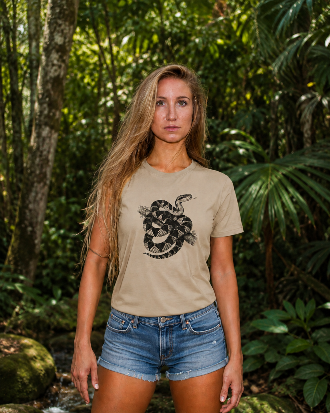 Harmonie wearing the Son of Nature Surucucu bushmaster tee in khaki, charcoal bushmaster coiled on a branch on the chest, in a lush Kauai jungle