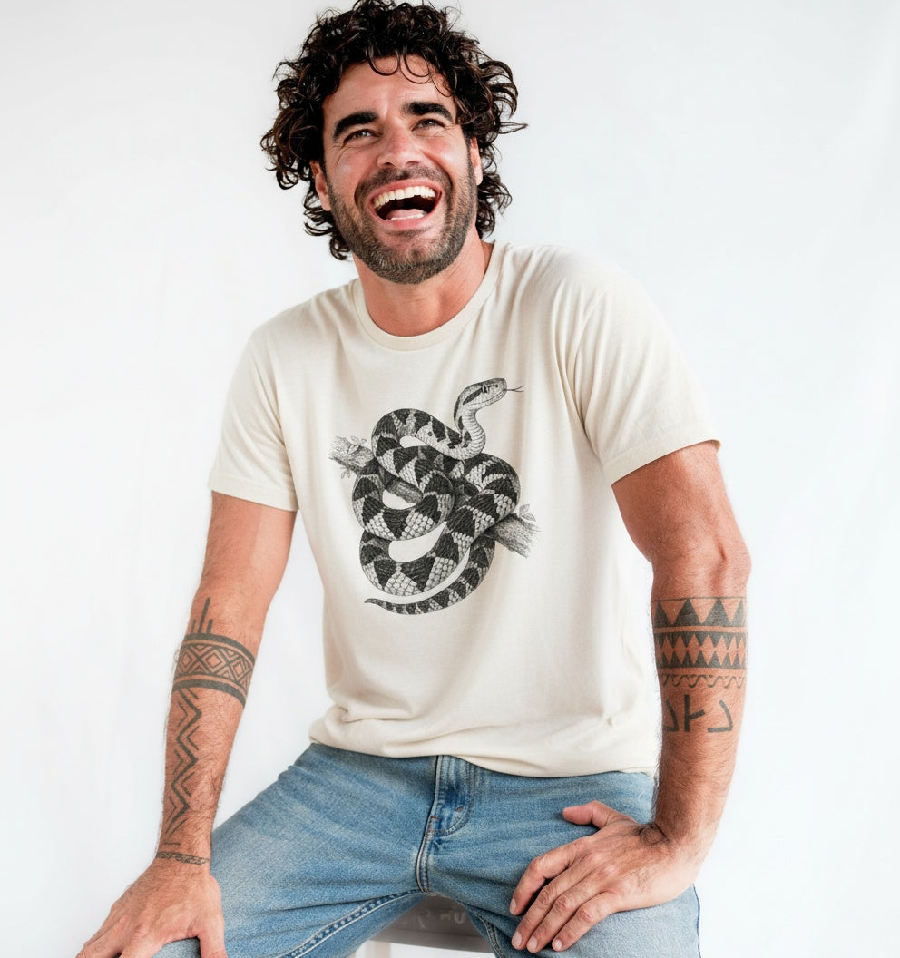 Son of Nature surucucu bushmaster coiled on a branch, charcoal on a natural garment-dyed tee