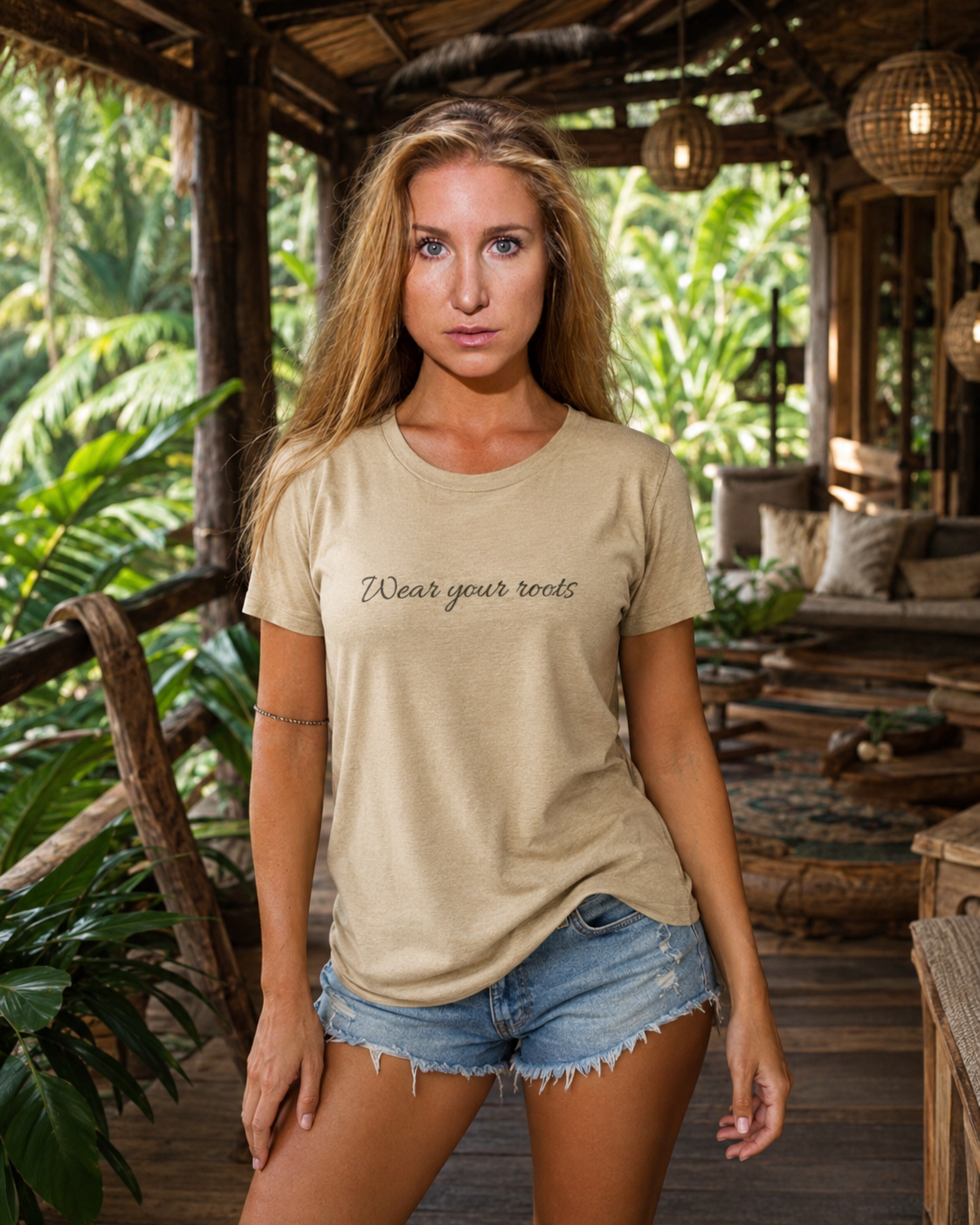 Harmonie wearing the Son of Nature Wear Your Roots tee in khaki, charcoal script across the chest, golden-hour Kauai lanai