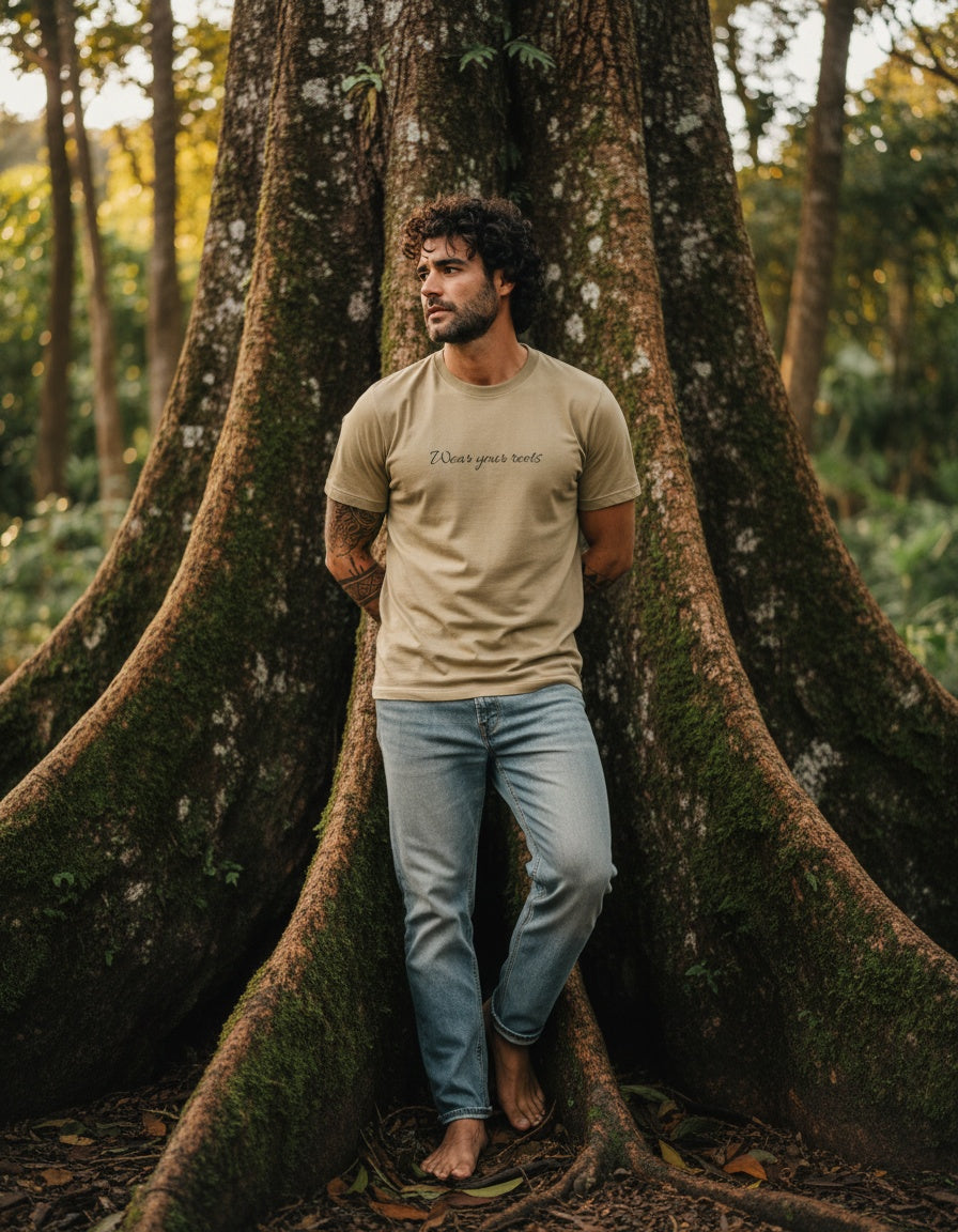 Renan wearing the Son of Nature Wear Your Roots tee in khaki, charcoal script across the chest, leaning against a giant buttress-root tree in golden-hour Kauai