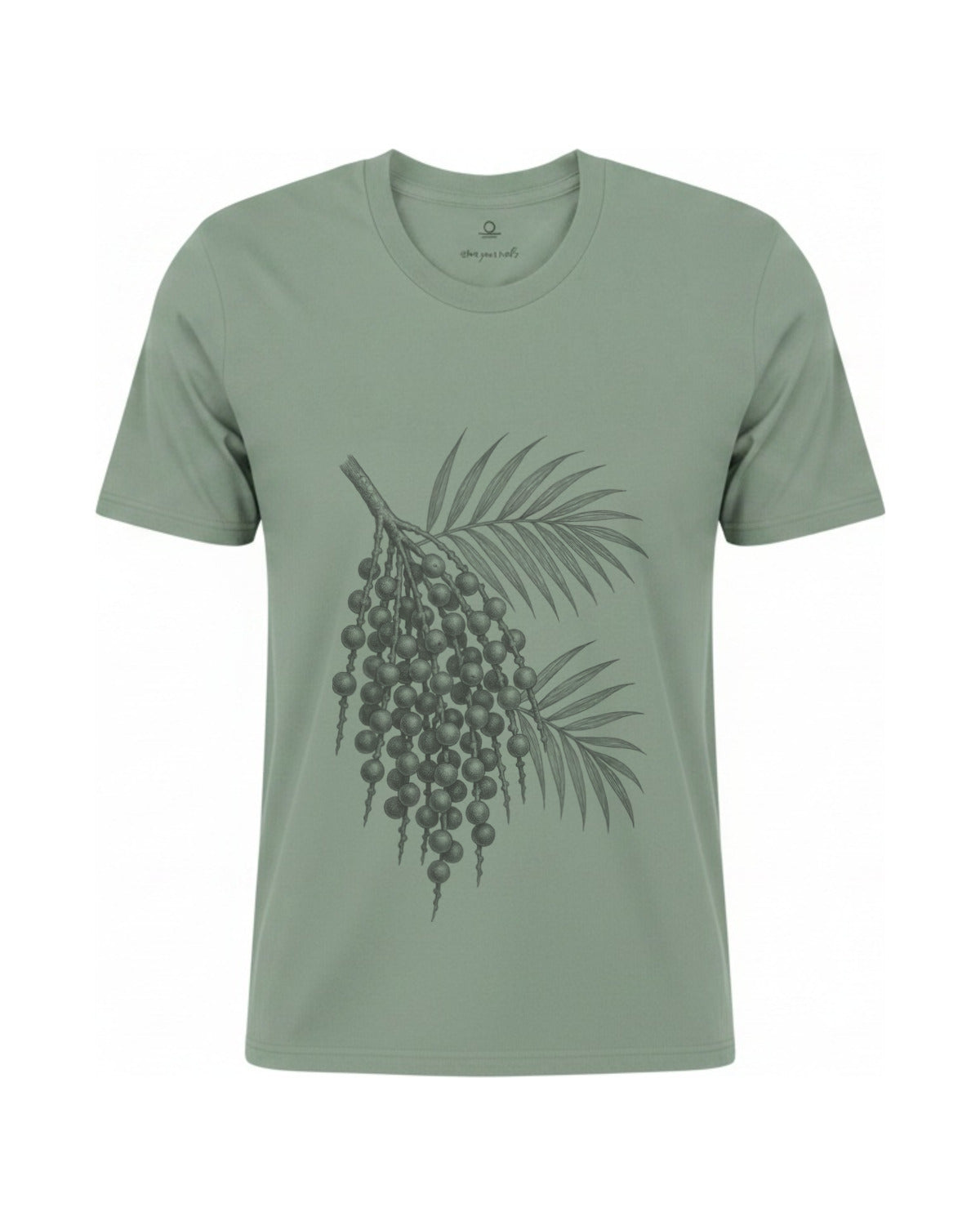 Son of Nature Acai botanical tee in Bay sage green, charcoal design printed on the chest, ghost-mannequin product photo on white