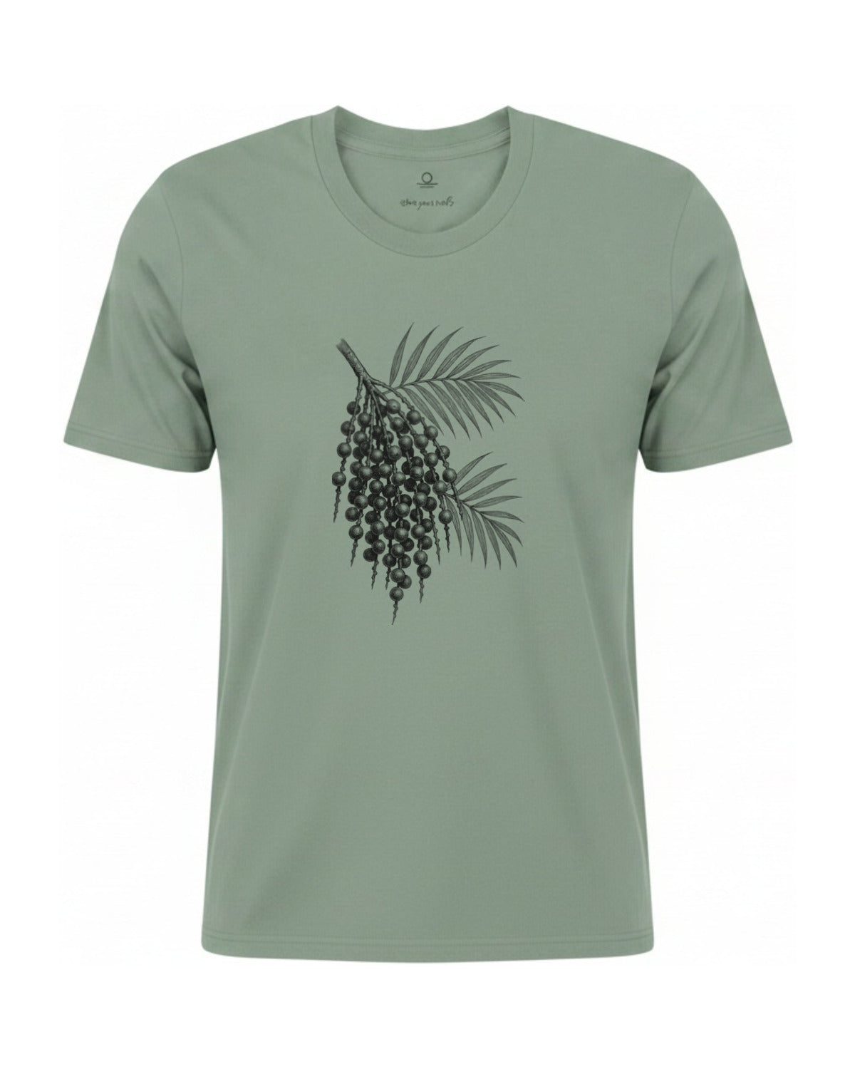 Son of Nature Acai botanical tee in Bay sage green, charcoal design printed on the chest, ghost-mannequin product photo on white