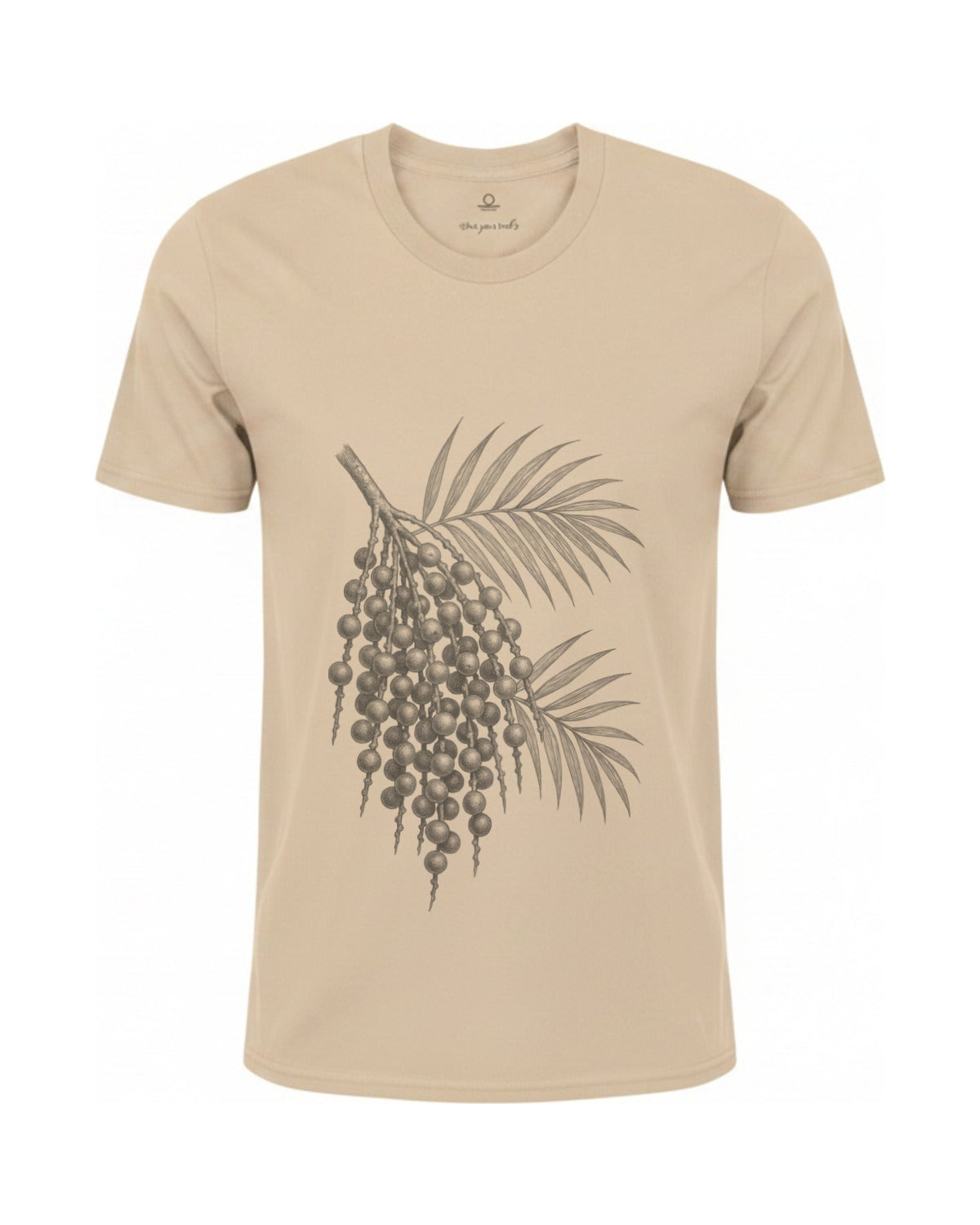 Son of Nature Acai botanical tee in Ivory, charcoal design printed on the chest, ghost-mannequin product photo on white