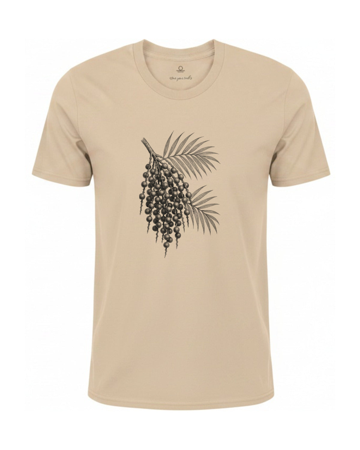 Son of Nature Acai botanical tee in Ivory, charcoal design printed on the chest, ghost-mannequin product photo on white