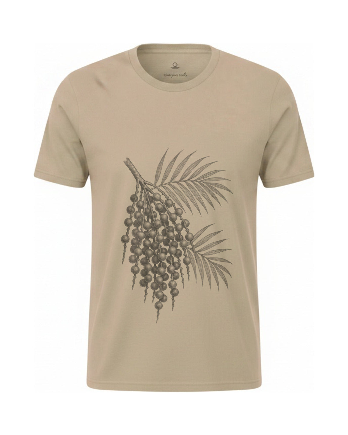 Son of Nature Acai botanical tee in Khaki, charcoal design printed on the chest, ghost-mannequin product photo on white