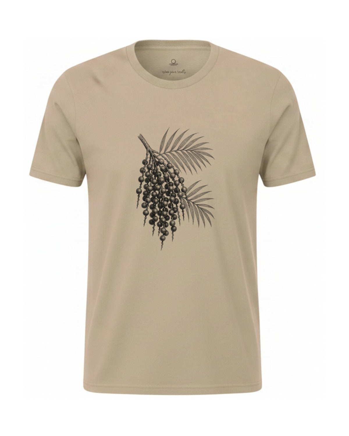 Son of Nature Acai botanical tee in Khaki, charcoal design printed on the chest, ghost-mannequin product photo on white