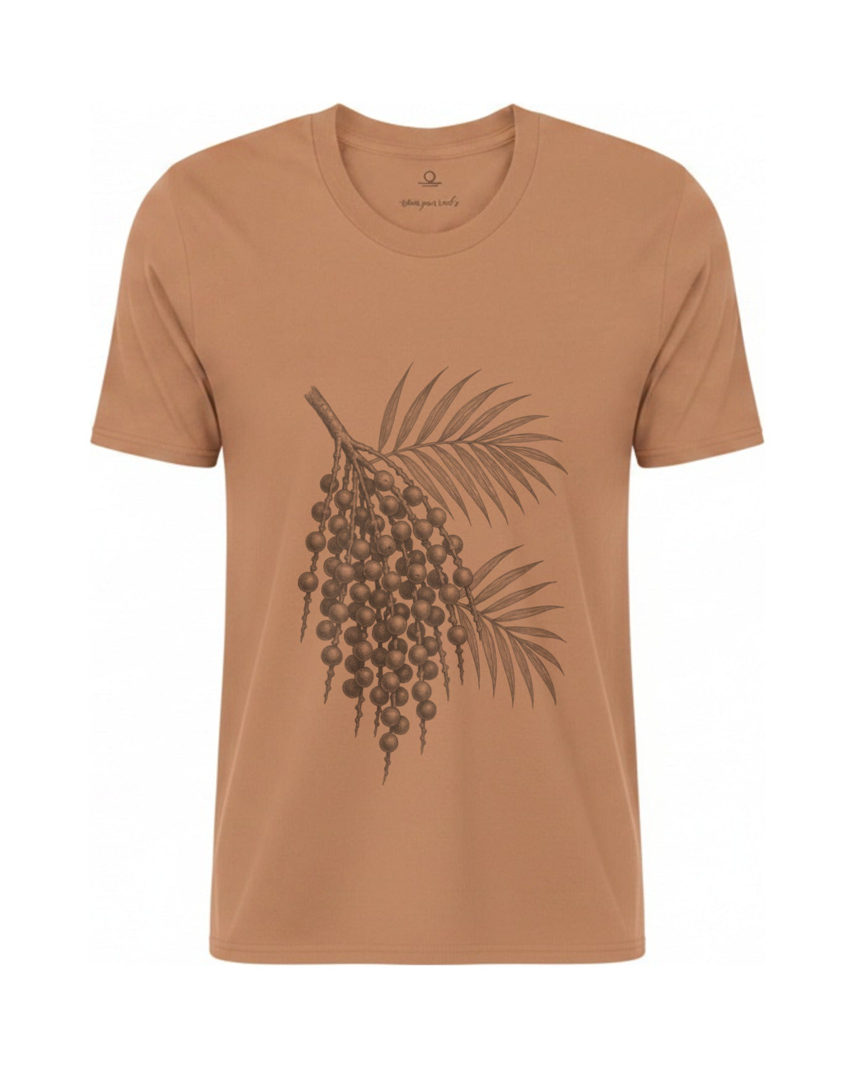 Son of Nature Acai botanical tee in Sandstone, charcoal design printed on the chest, ghost-mannequin product photo on white