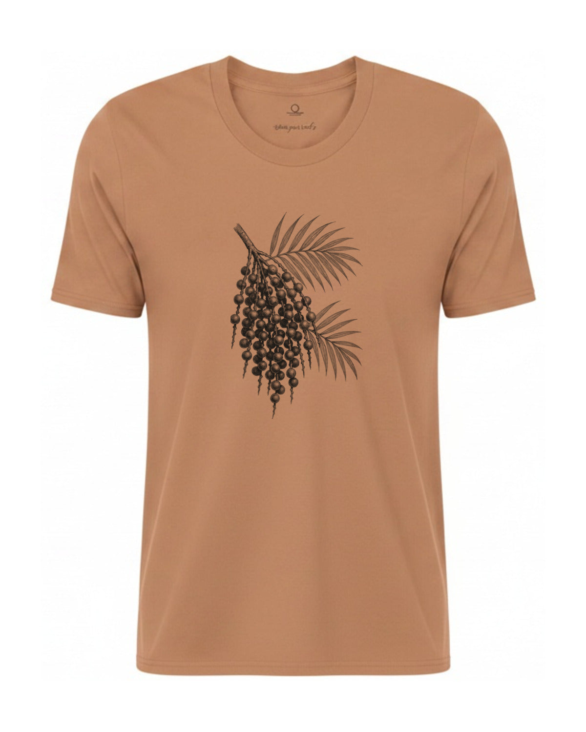 Son of Nature Acai botanical tee in Sandstone, charcoal design printed on the chest, ghost-mannequin product photo on white