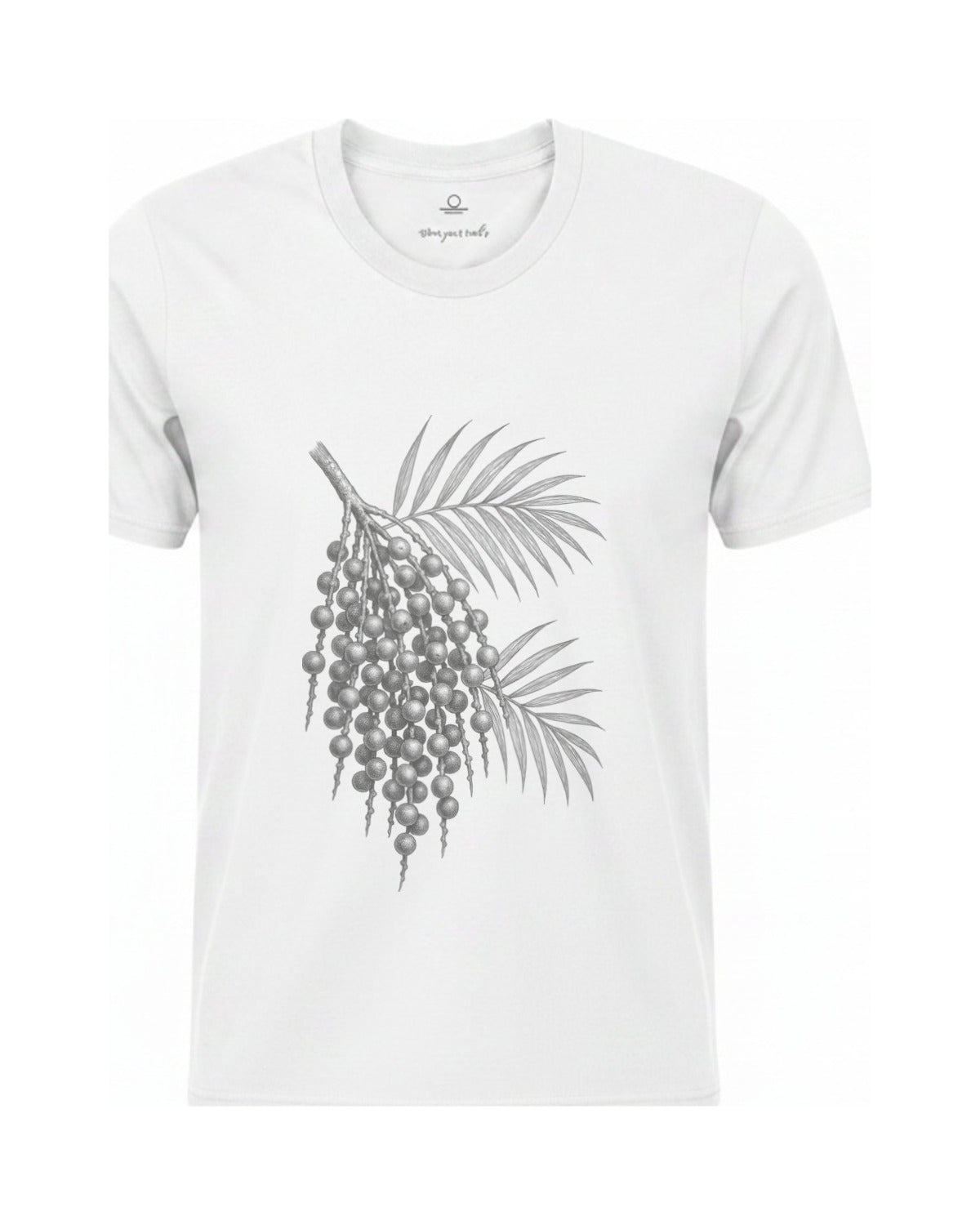 Son of Nature Acai botanical tee in White, charcoal design printed on the chest, ghost-mannequin product photo on white