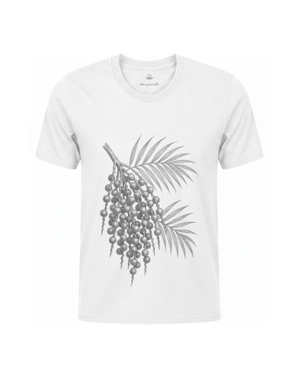 Son of Nature Acai botanical tee in White, charcoal design printed on the chest, ghost-mannequin product photo on white