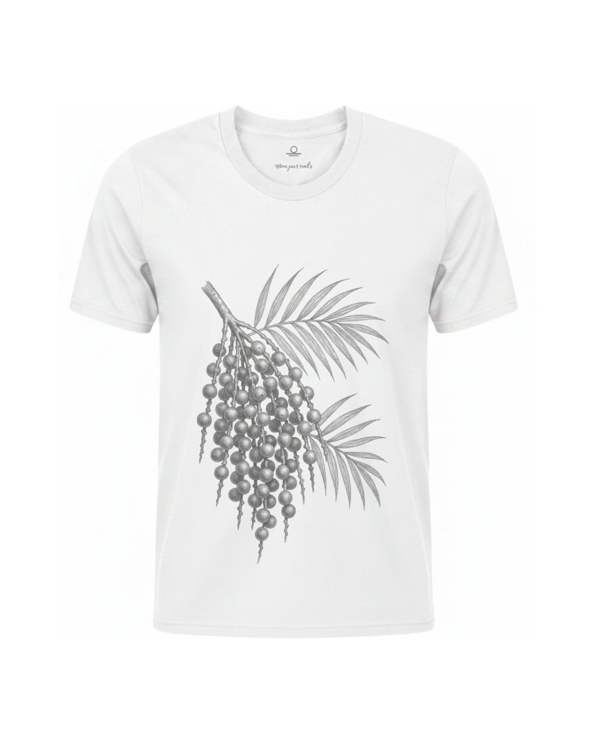 Son of Nature Acai botanical tee in White, charcoal design printed on the chest, ghost-mannequin product photo on white