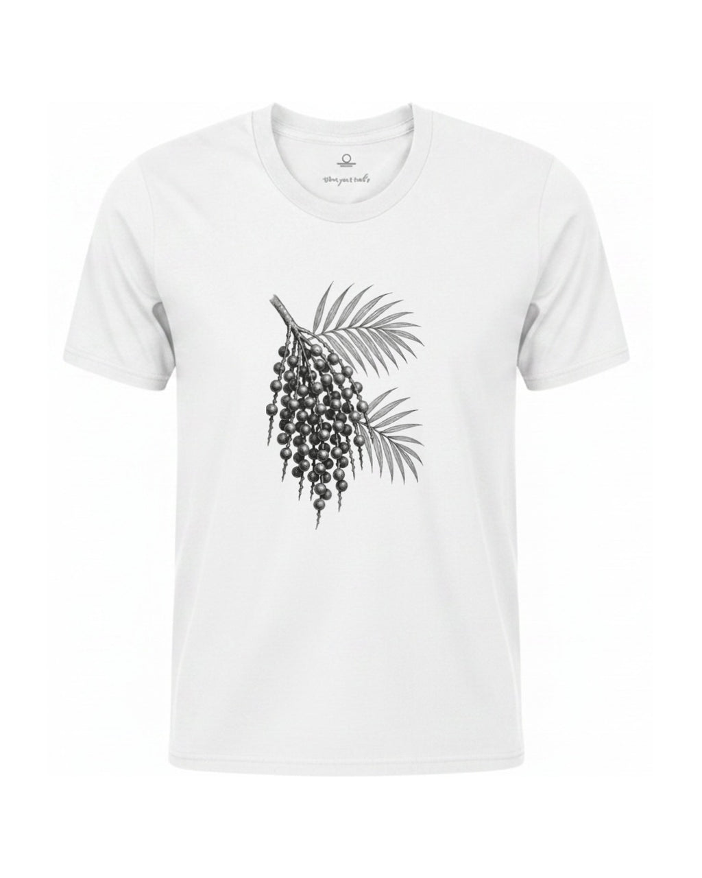 Son of Nature Acai botanical tee in White, charcoal design printed on the chest, ghost-mannequin product photo on white