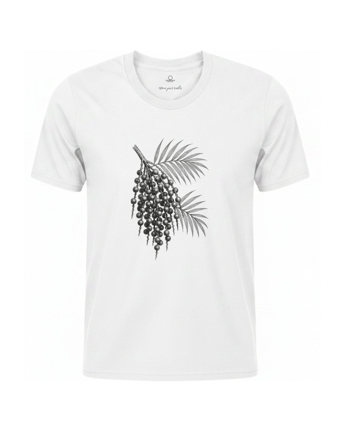 Son of Nature Acai botanical tee in White, charcoal design printed on the chest, ghost-mannequin product photo on white