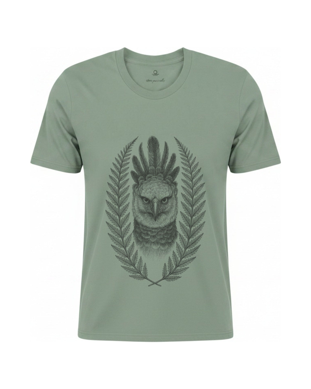 Son of Nature Harpia harpy eagle tee in Bay sage green, charcoal design printed on the chest, ghost-mannequin product photo on white