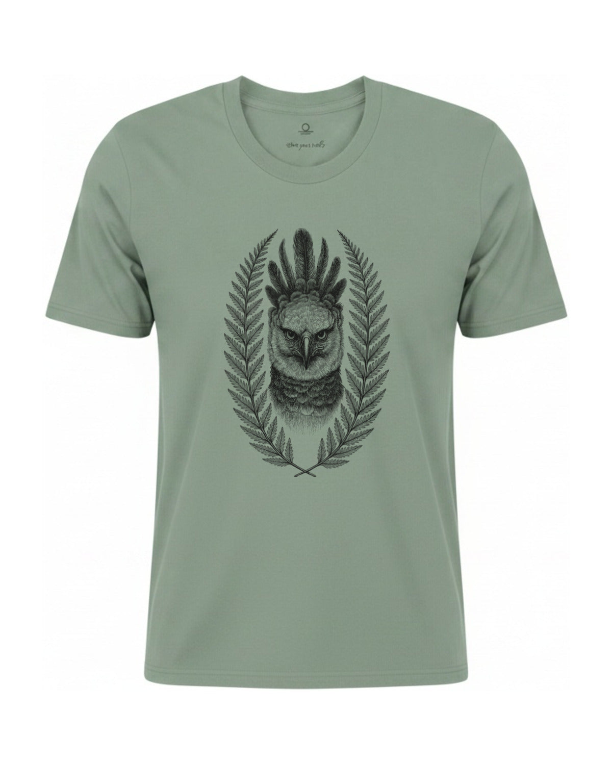 Son of Nature Harpia harpy eagle tee in Bay sage green, charcoal design printed on the chest, ghost-mannequin product photo on white