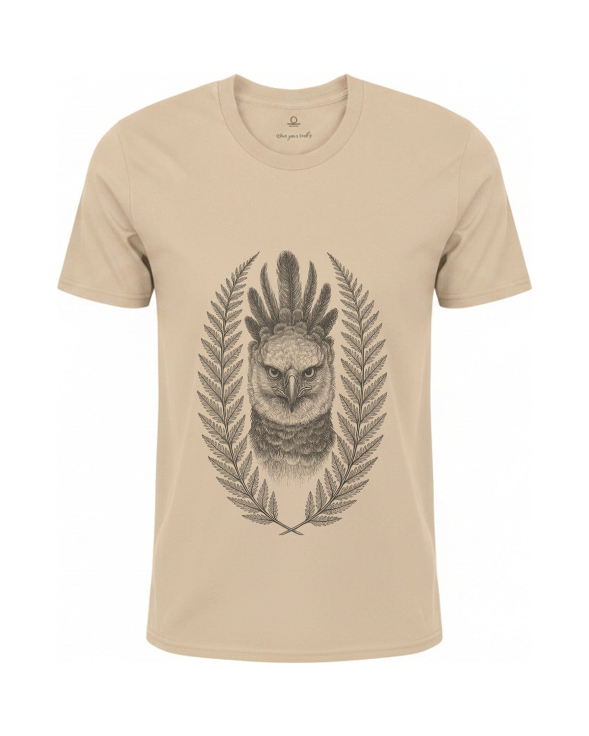 Son of Nature Harpia harpy eagle tee in Ivory, charcoal design printed on the chest, ghost-mannequin product photo on white