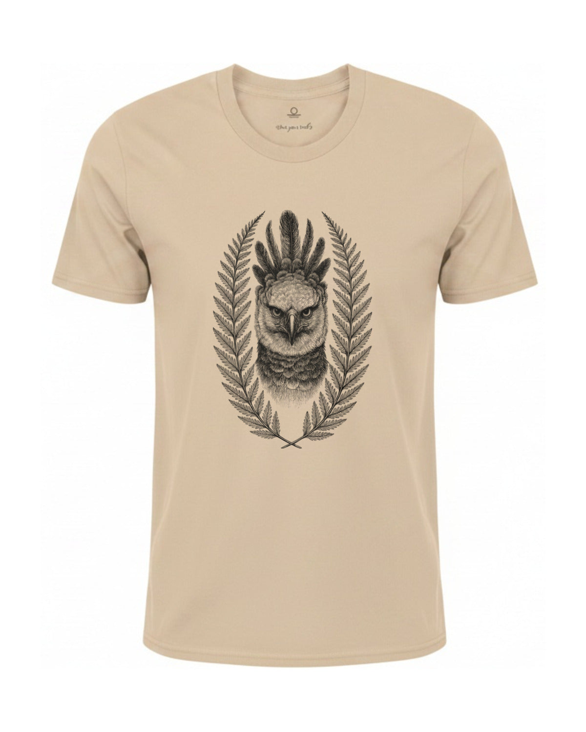 Son of Nature Harpia harpy eagle tee in Ivory, charcoal design printed on the chest, ghost-mannequin product photo on white