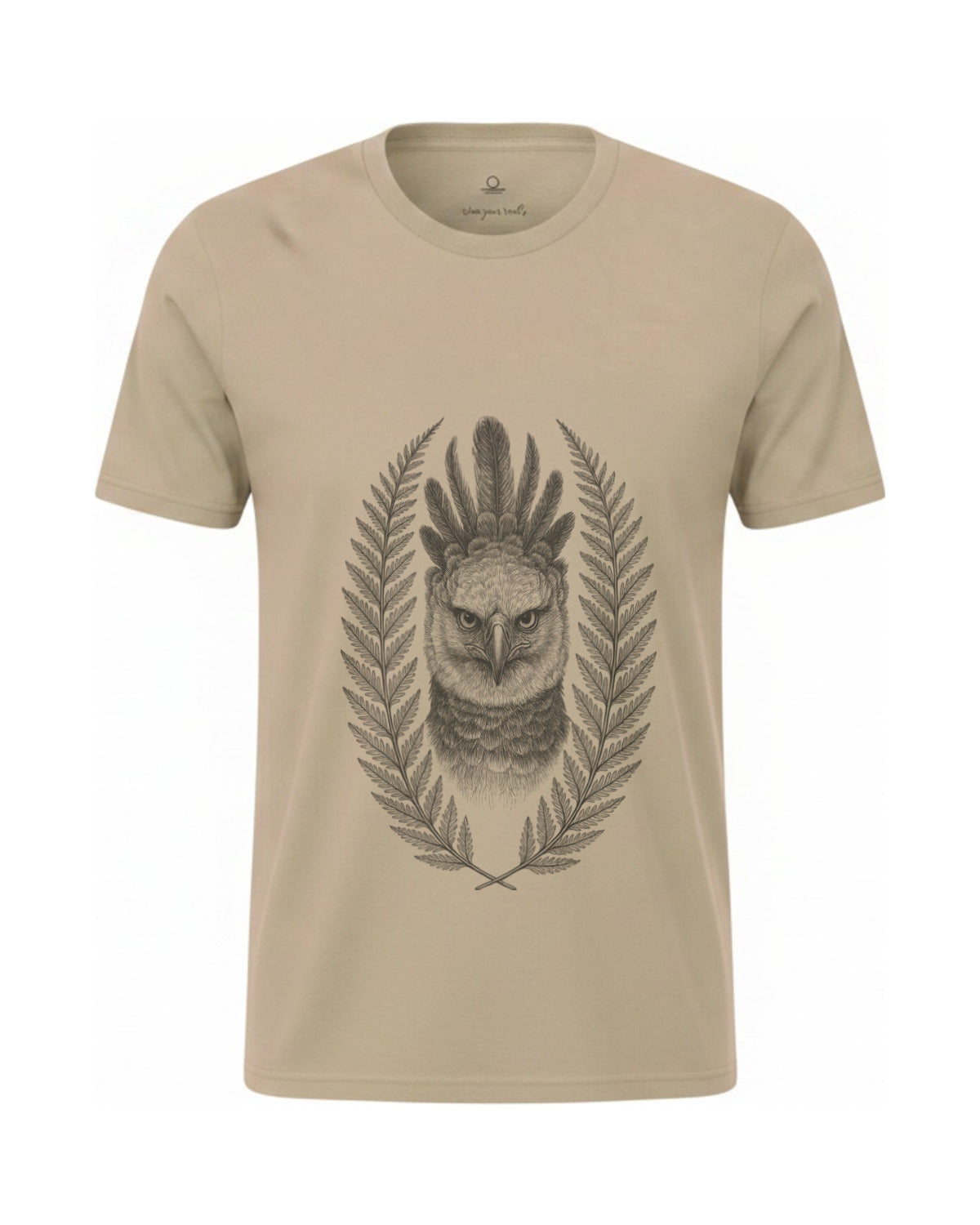 Son of Nature Harpia harpy eagle tee in Khaki, charcoal design printed on the chest, ghost-mannequin product photo on white