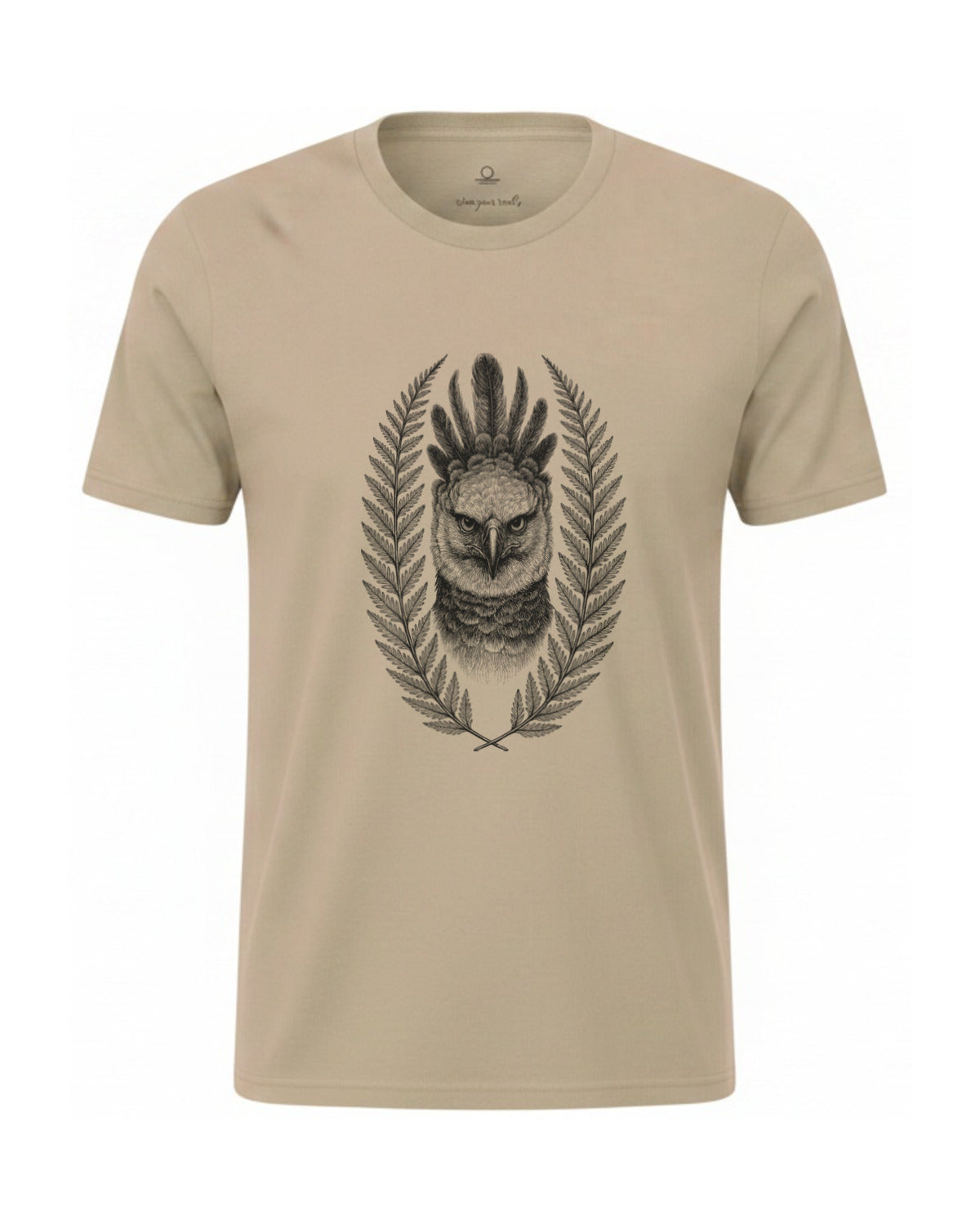 Son of Nature Harpia harpy eagle tee in Khaki, charcoal design printed on the chest, ghost-mannequin product photo on white