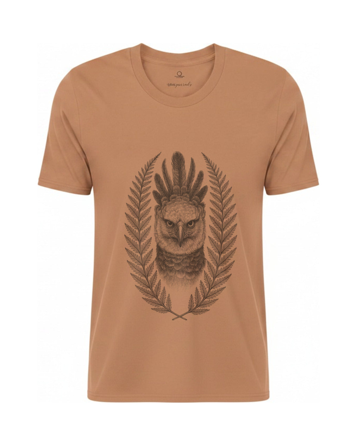 Son of Nature Harpia harpy eagle tee in Sandstone, charcoal design printed on the chest, ghost-mannequin product photo on white