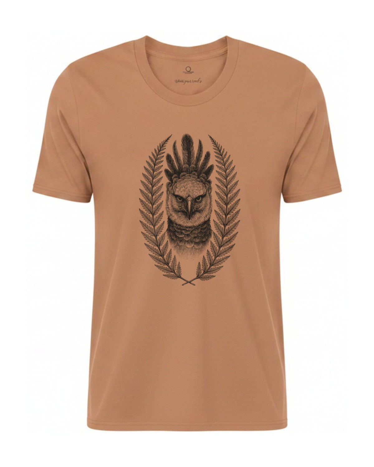 Son of Nature Harpia harpy eagle tee in Sandstone, charcoal design printed on the chest, ghost-mannequin product photo on white