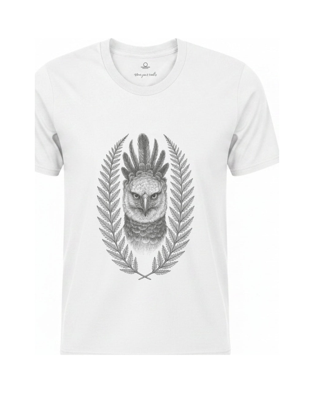 Son of Nature Harpia harpy eagle tee in White, charcoal design printed on the chest, ghost-mannequin product photo on white