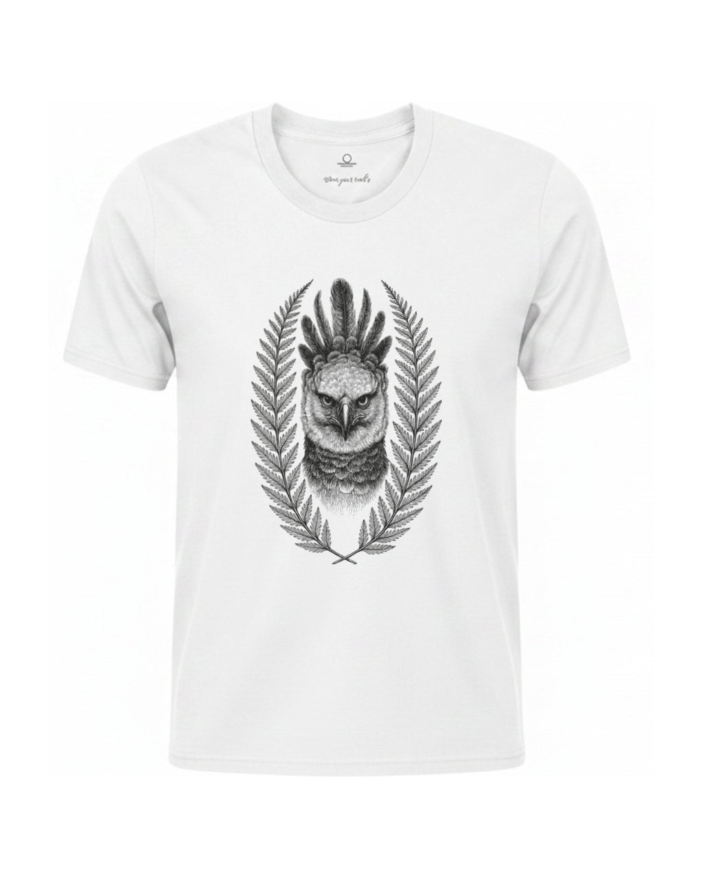 Son of Nature Harpia harpy eagle tee in White, charcoal design printed on the chest, ghost-mannequin product photo on white