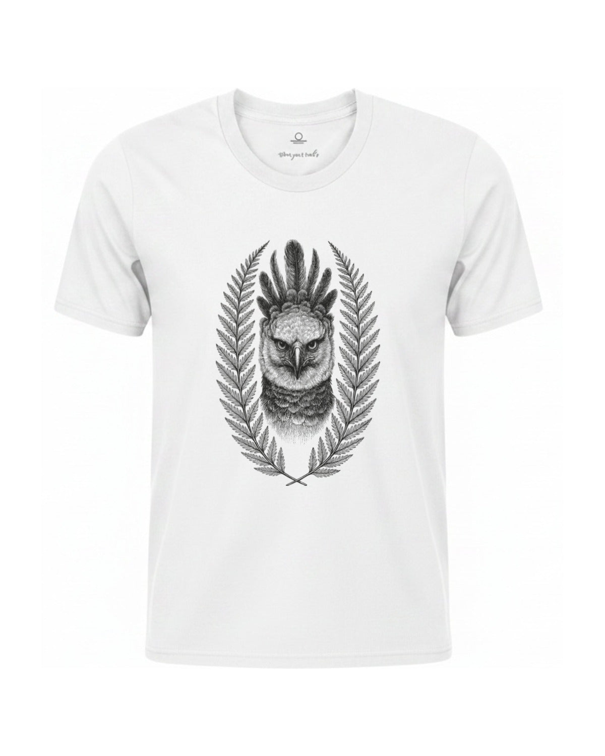 Son of Nature Harpia harpy eagle tee in White, charcoal design printed on the chest, ghost-mannequin product photo on white