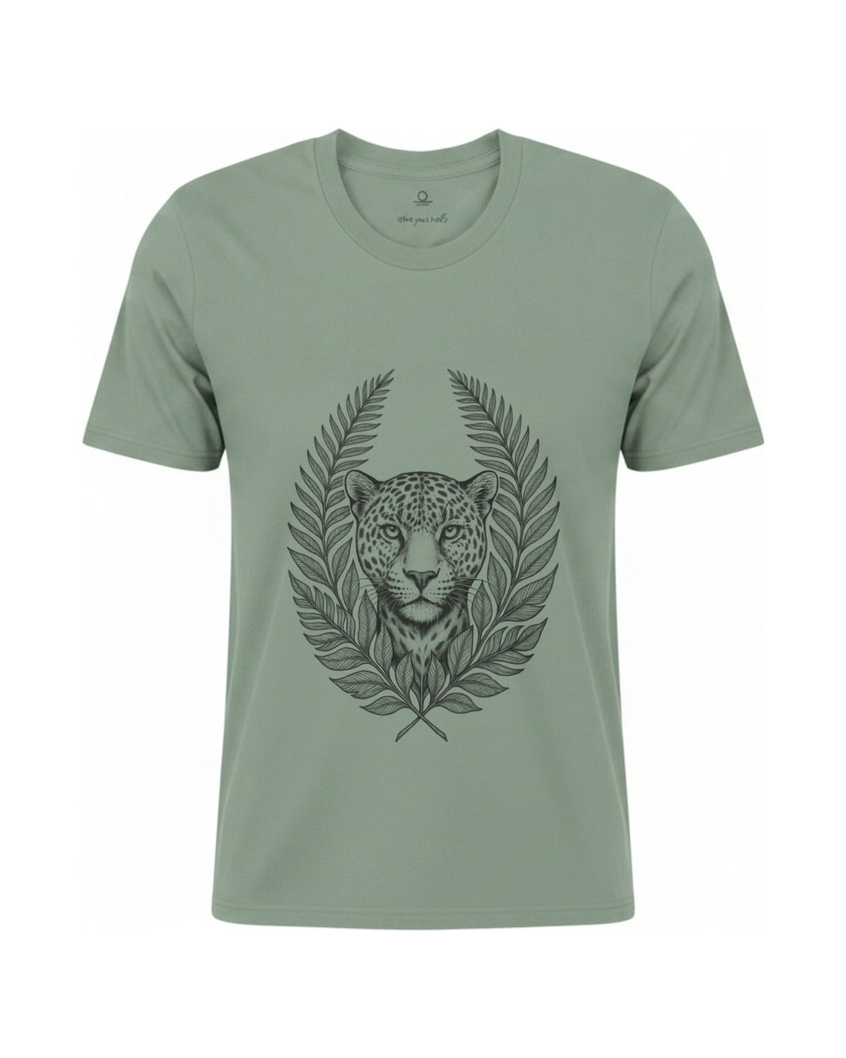 Son of Nature Onca-pintada jaguar crest tee in Bay sage green, charcoal design printed on the chest, ghost-mannequin product photo on white