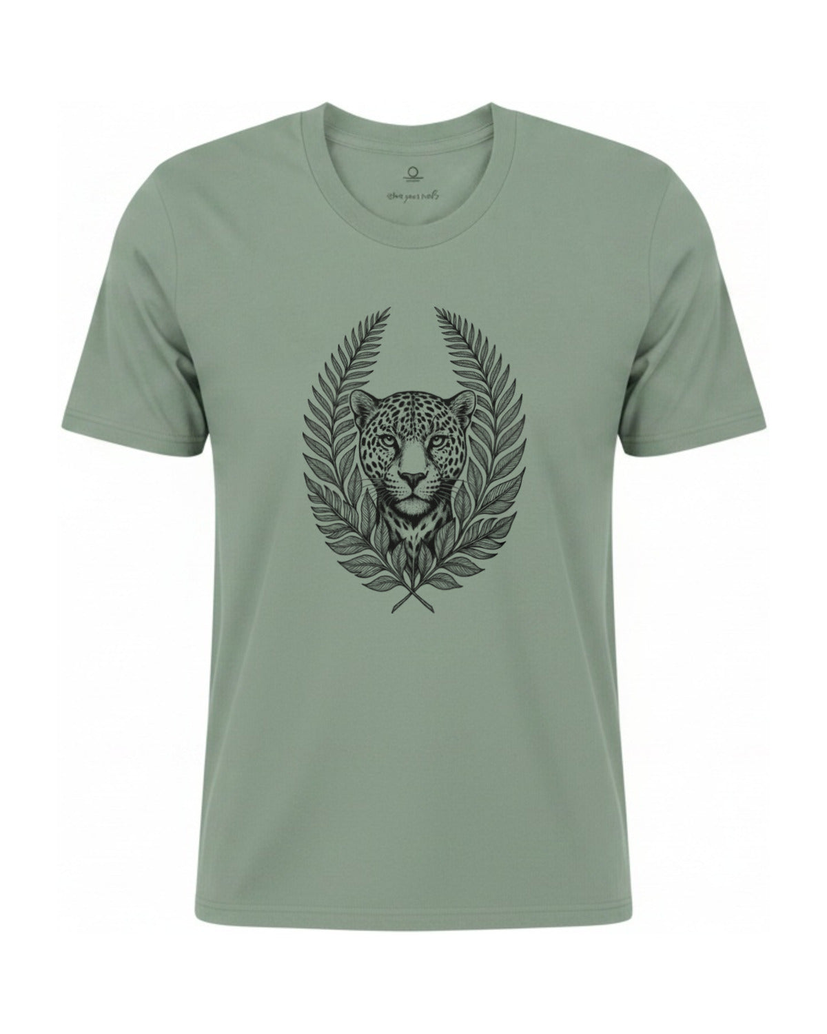 Son of Nature Onca-pintada jaguar crest tee in Bay sage green, charcoal design printed on the chest, ghost-mannequin product photo on white