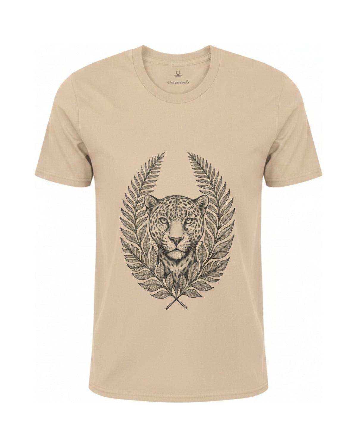 Son of Nature Onca-pintada jaguar crest tee in Ivory, charcoal design printed on the chest, ghost-mannequin product photo on white