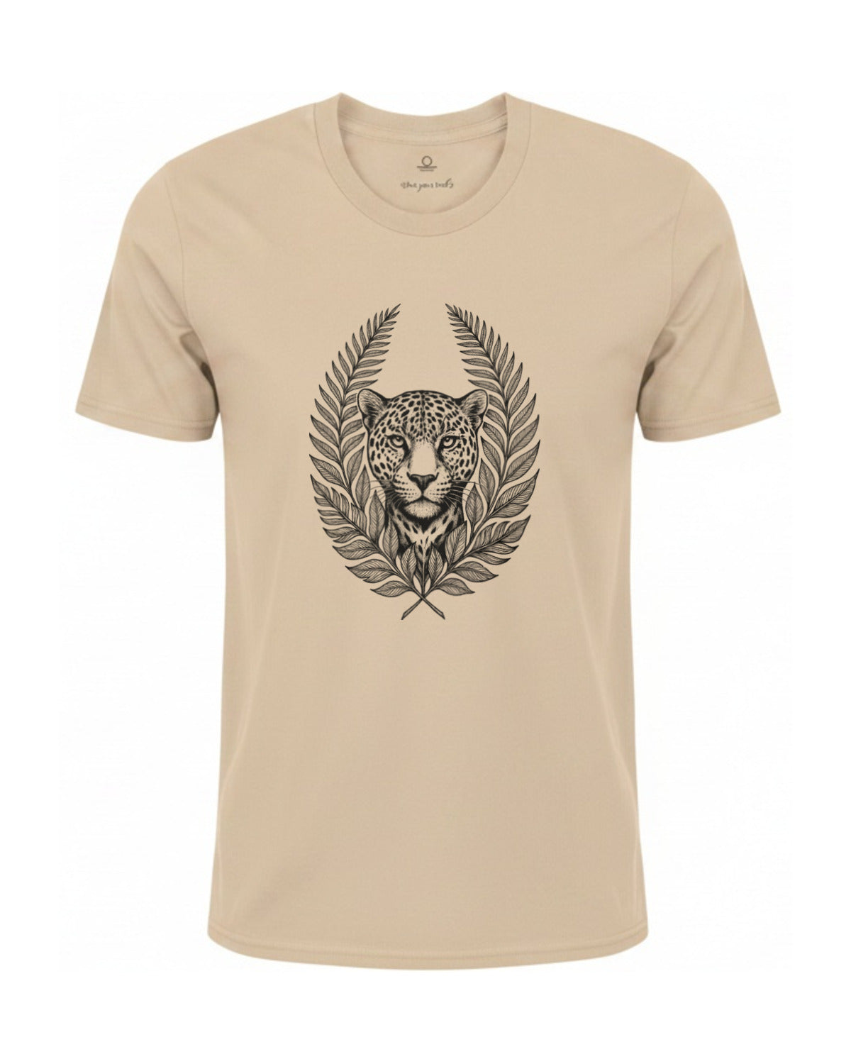 Son of Nature Onca-pintada jaguar crest tee in Ivory, charcoal design printed on the chest, ghost-mannequin product photo on white