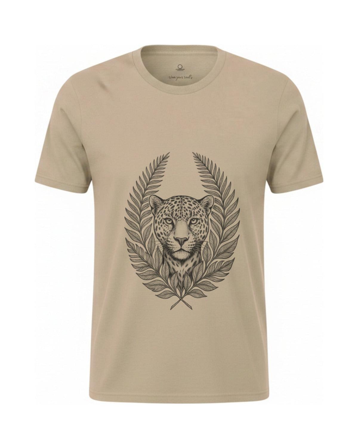Son of Nature Onca-pintada jaguar crest tee in Khaki, charcoal design printed on the chest, ghost-mannequin product photo on white