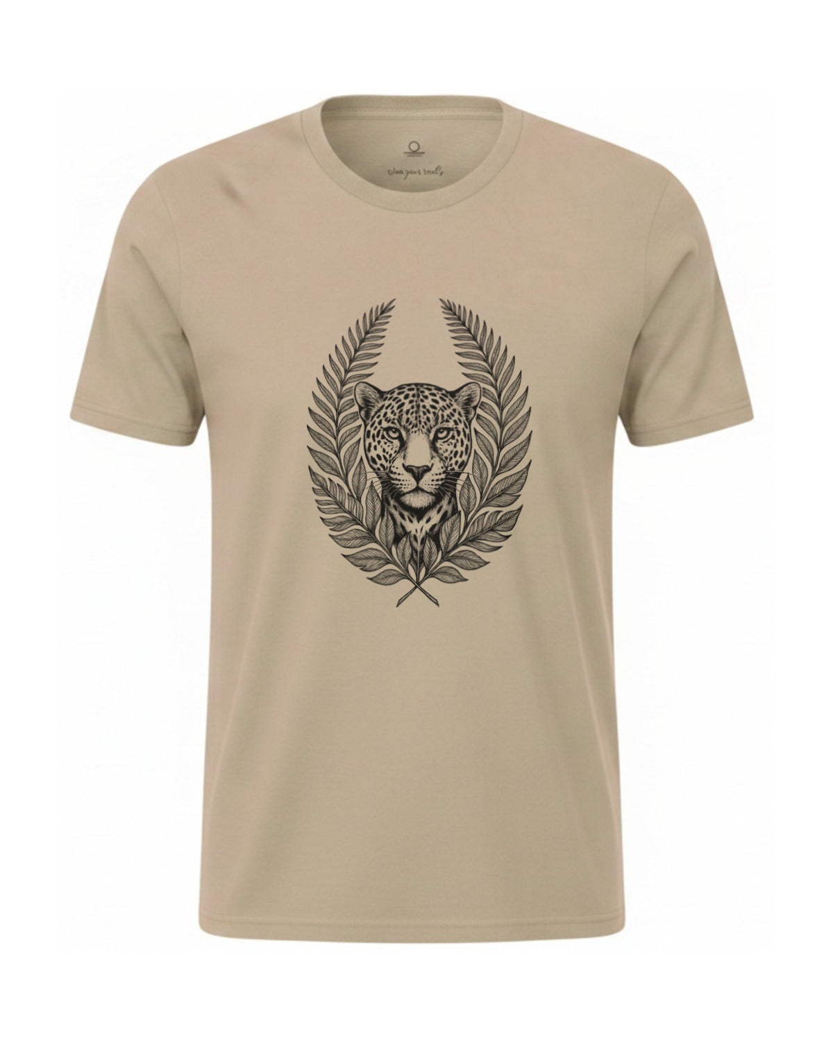 Son of Nature Onca-pintada jaguar crest tee in Khaki, charcoal design printed on the chest, ghost-mannequin product photo on white