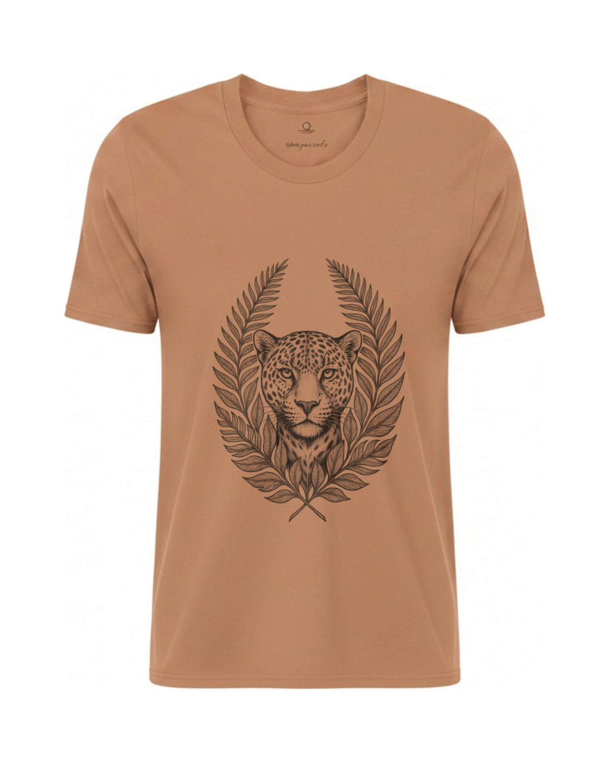 Son of Nature Onca-pintada jaguar crest tee in Sandstone, charcoal design printed on the chest, ghost-mannequin product photo on white