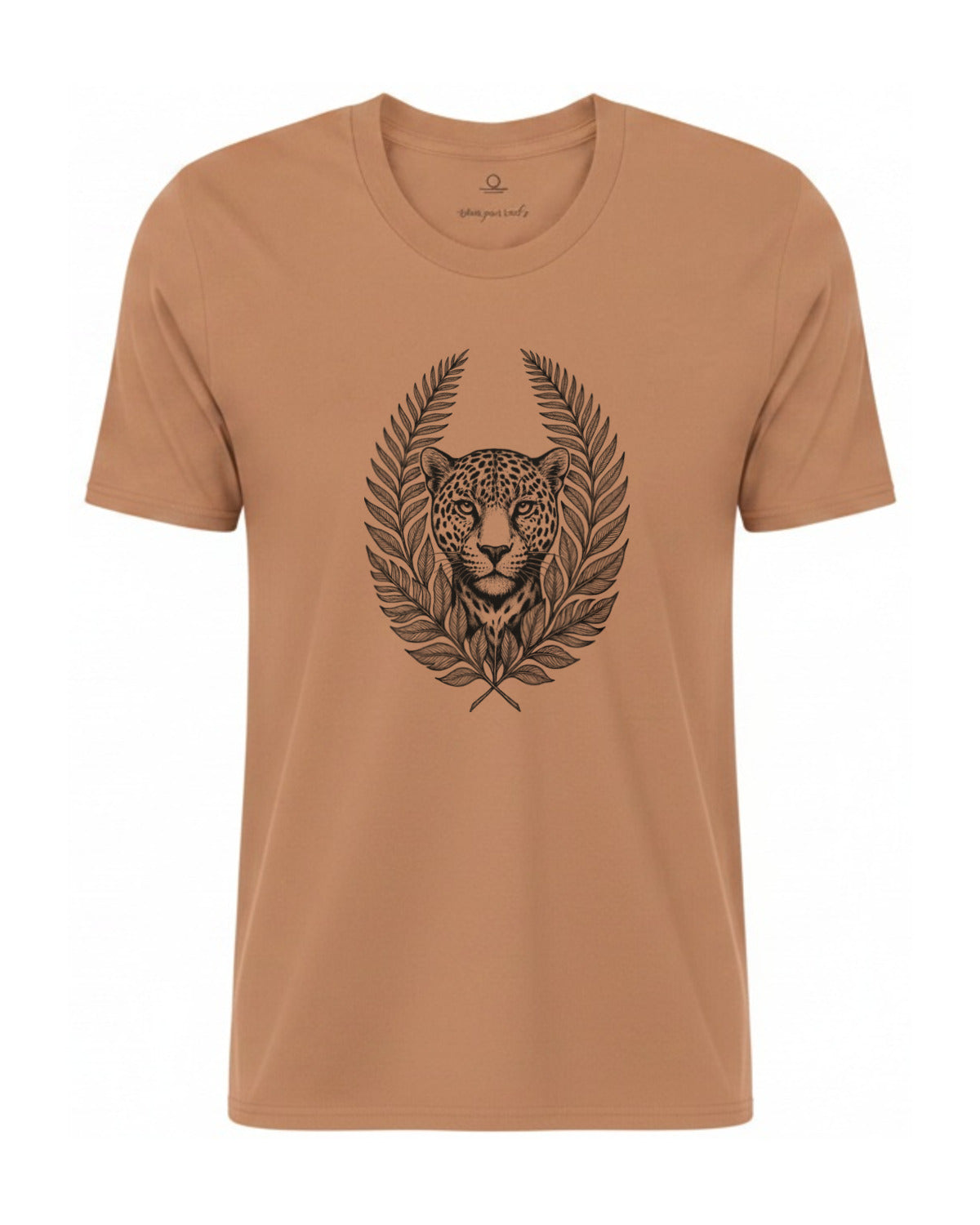 Son of Nature Onca-pintada jaguar crest tee in Sandstone, charcoal design printed on the chest, ghost-mannequin product photo on white
