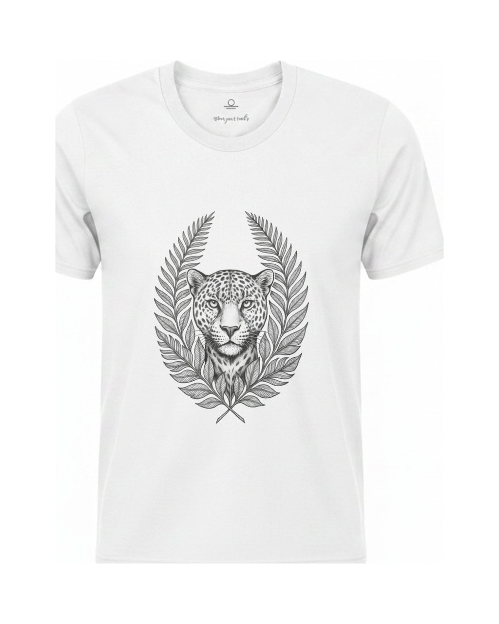 Son of Nature Onca-pintada jaguar crest tee in White, charcoal design printed on the chest, ghost-mannequin product photo on white