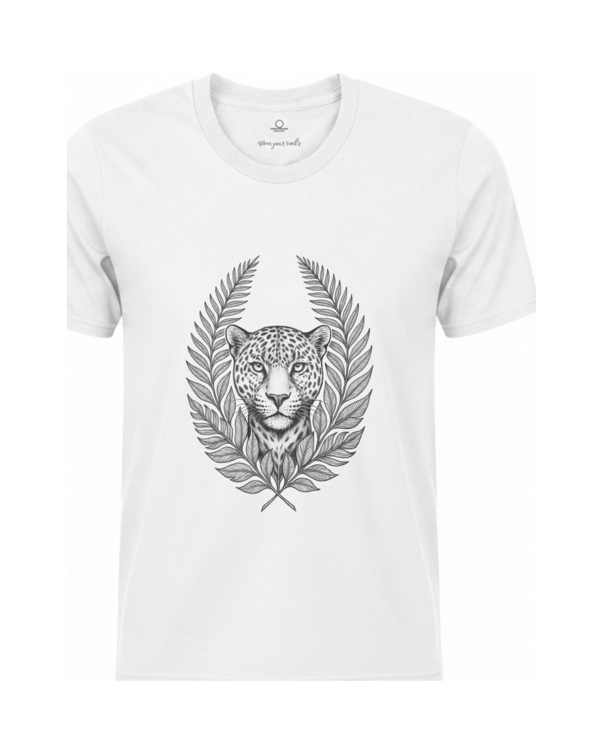 Son of Nature Onca-pintada jaguar crest tee in White, charcoal design printed on the chest, ghost-mannequin product photo on white