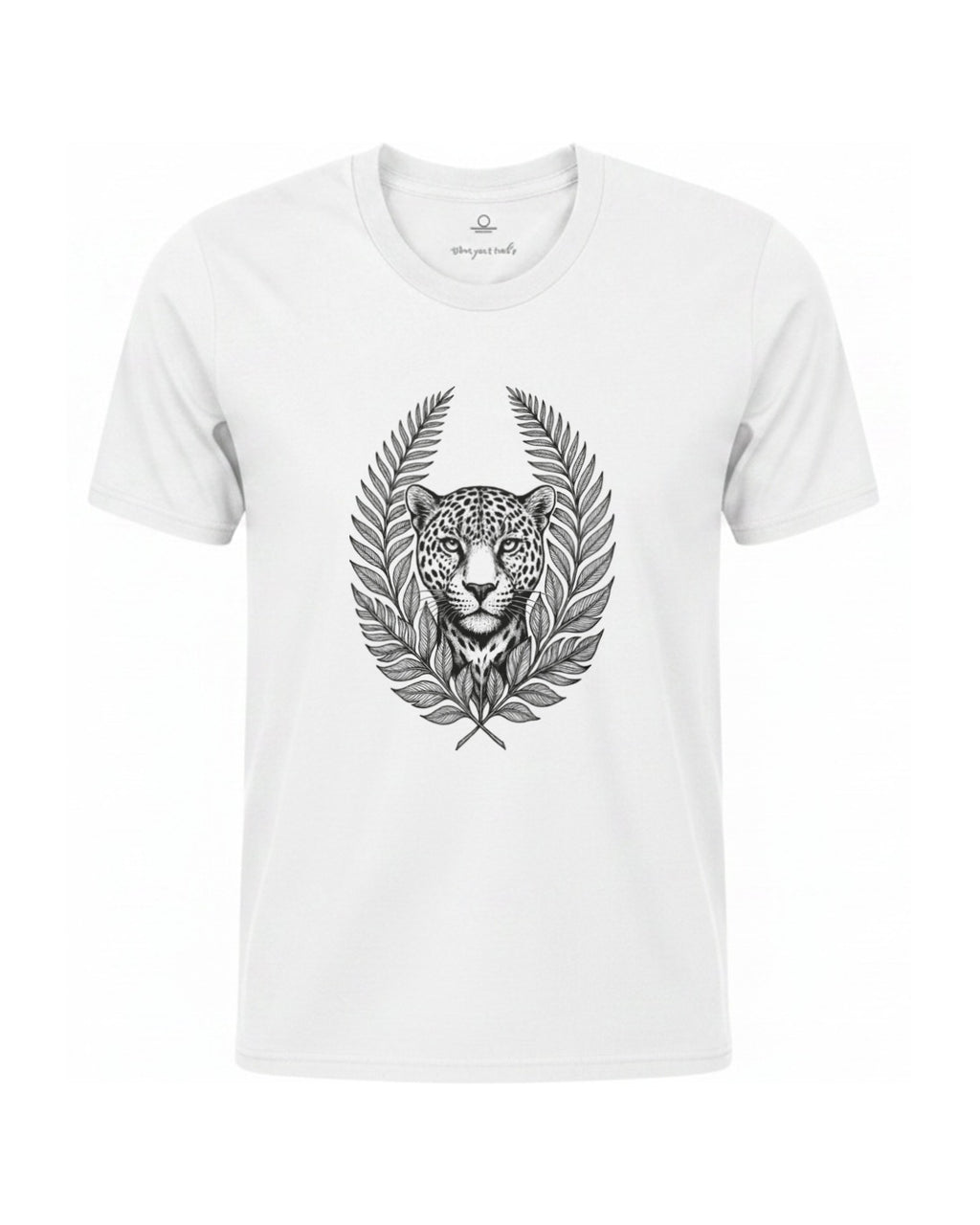 Son of Nature Onca-pintada jaguar crest tee in White, charcoal design printed on the chest, ghost-mannequin product photo on white
