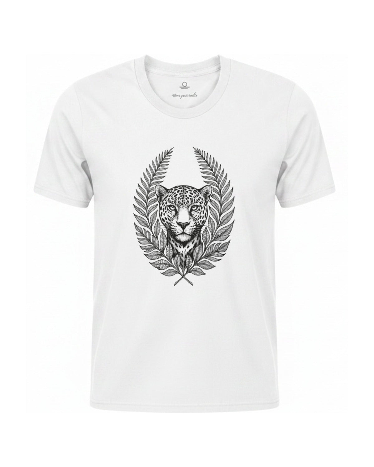 Son of Nature Onca-pintada jaguar crest tee in White, charcoal design printed on the chest, ghost-mannequin product photo on white