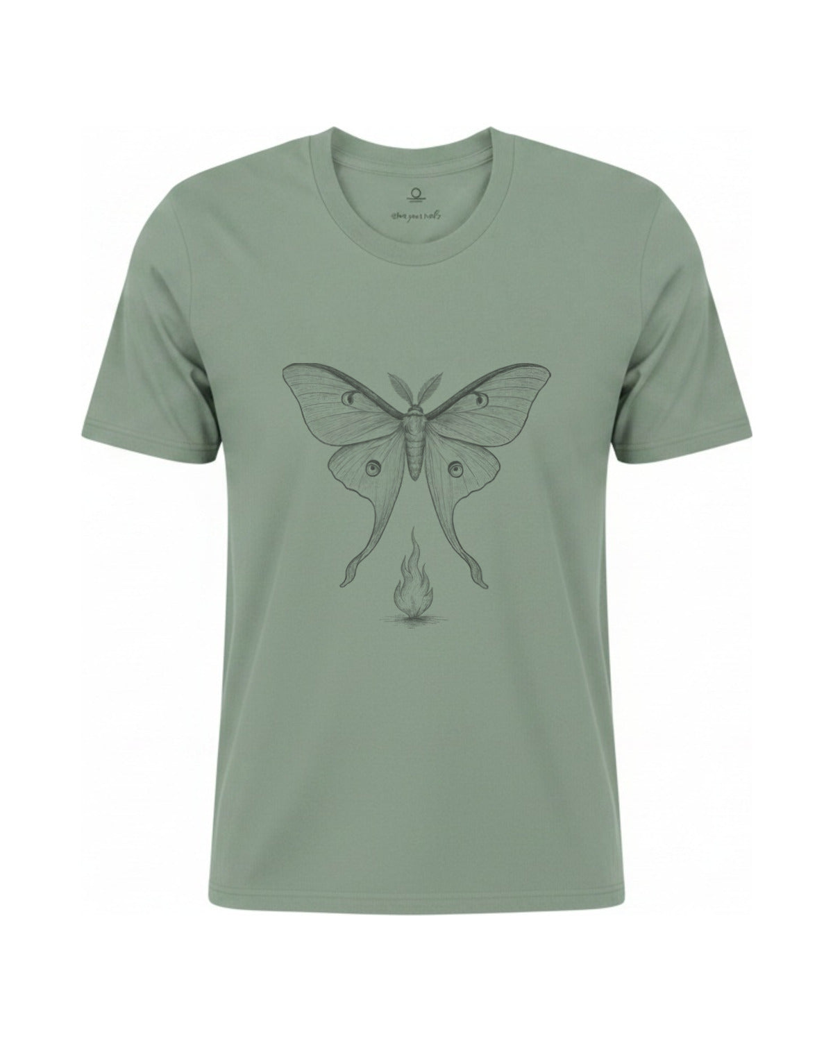 Son of Nature Noches del Fuego luna moth tee in Bay sage green, charcoal design printed on the chest, ghost-mannequin product photo on white