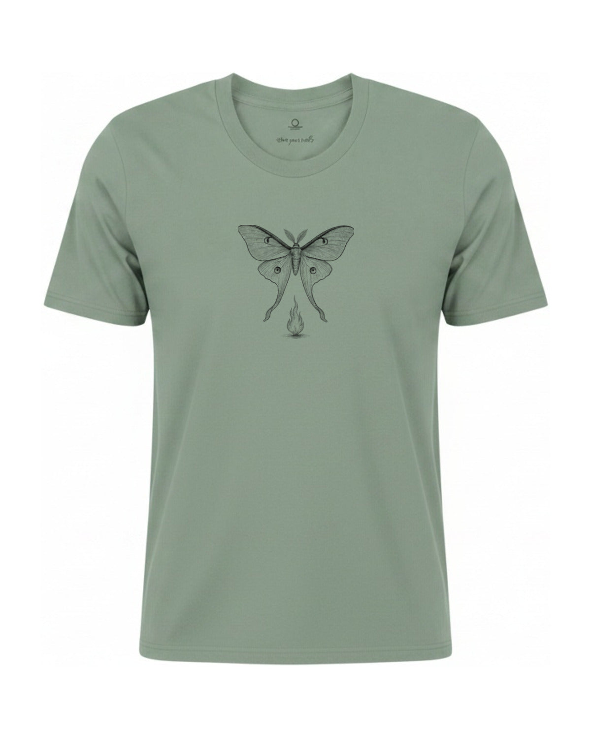 Son of Nature Noches del Fuego luna moth tee in Bay sage green, charcoal design printed on the chest, ghost-mannequin product photo on white