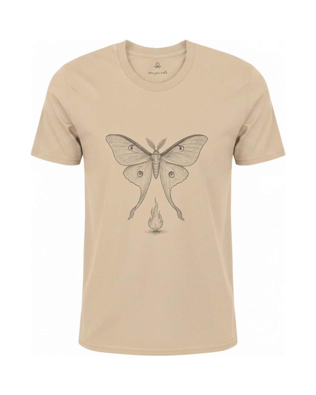 Son of Nature Noches del Fuego luna moth tee in Ivory, charcoal design printed on the chest, ghost-mannequin product photo on white