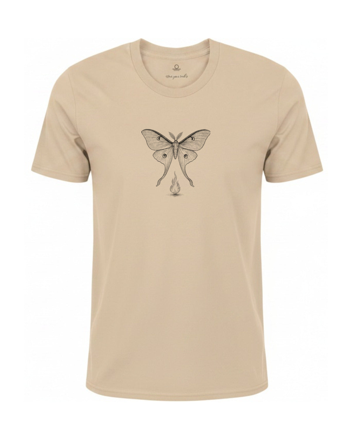 Son of Nature Noches del Fuego luna moth tee in Ivory, charcoal design printed on the chest, ghost-mannequin product photo on white
